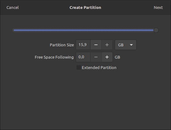 laisser la taille de la partition et l’espace libre